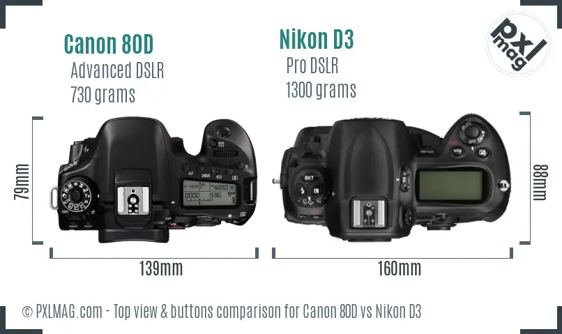 Canon 80D vs Nikon D3 top view buttons comparison