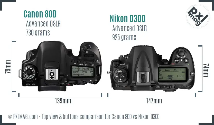 Canon 80D vs Nikon D300 top view buttons comparison