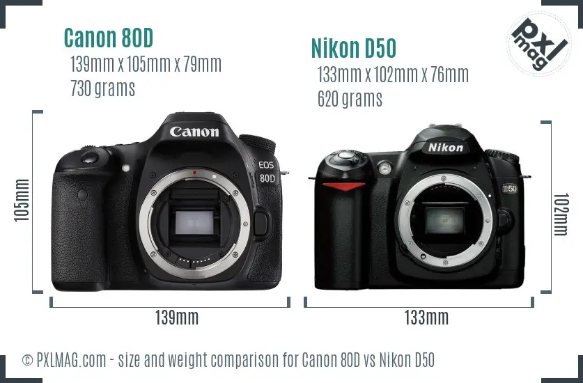 Canon 80D vs Nikon D50 size comparison