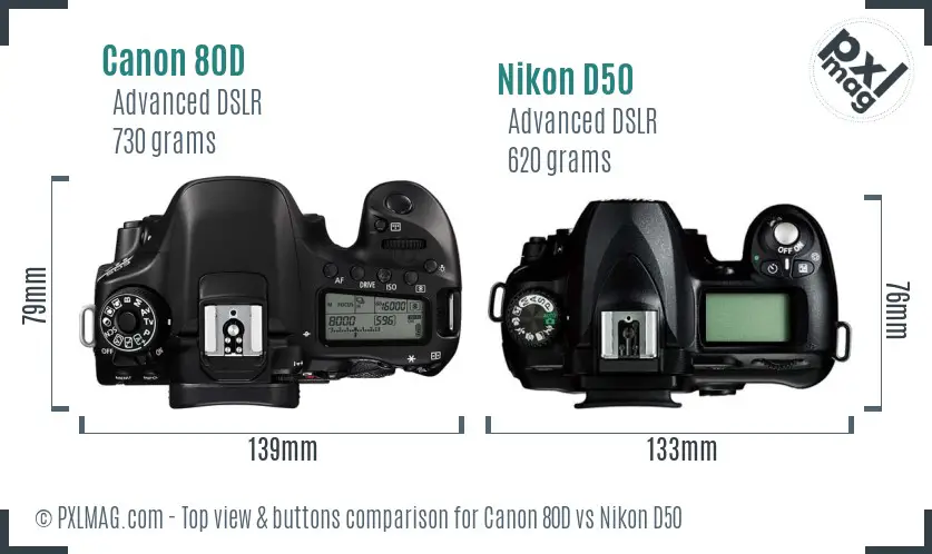 Canon 80D vs Nikon D50 top view buttons comparison