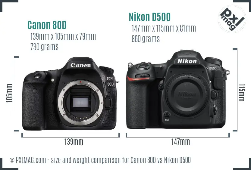 Canon 80D vs Nikon D500 size comparison