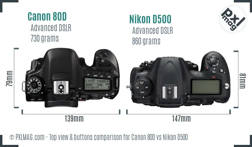 Canon 80D vs Nikon D500 top view buttons comparison