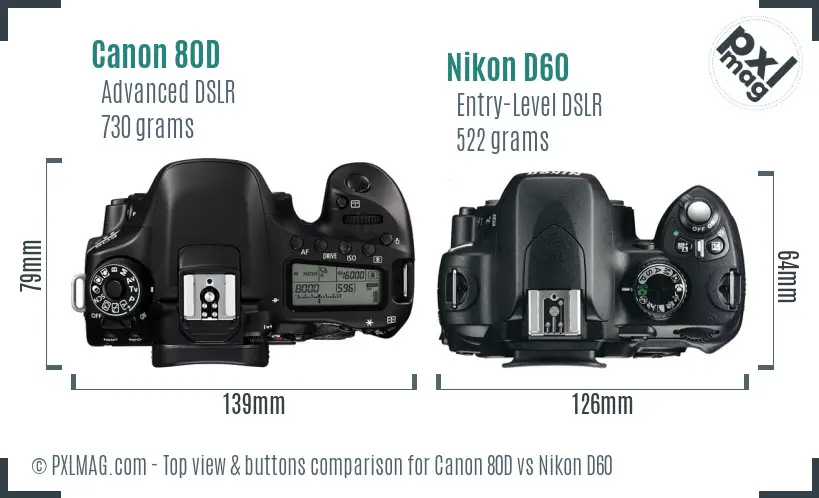 Canon 80D vs Nikon D60 top view buttons comparison