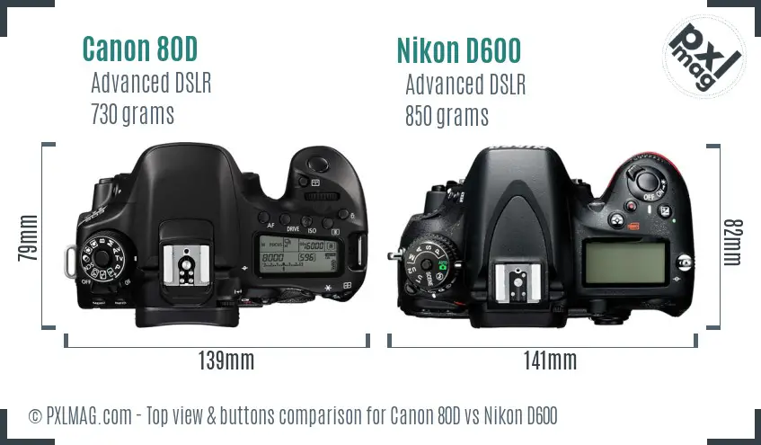 Canon 80D vs Nikon D600 top view buttons comparison