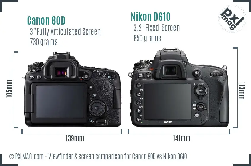 Canon 80D vs Nikon D610 Screen and Viewfinder comparison