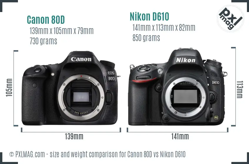 Canon 80D vs Nikon D610 size comparison