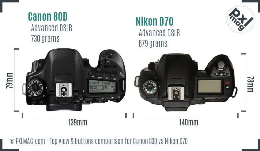 Canon 80D vs Nikon D70 top view buttons comparison