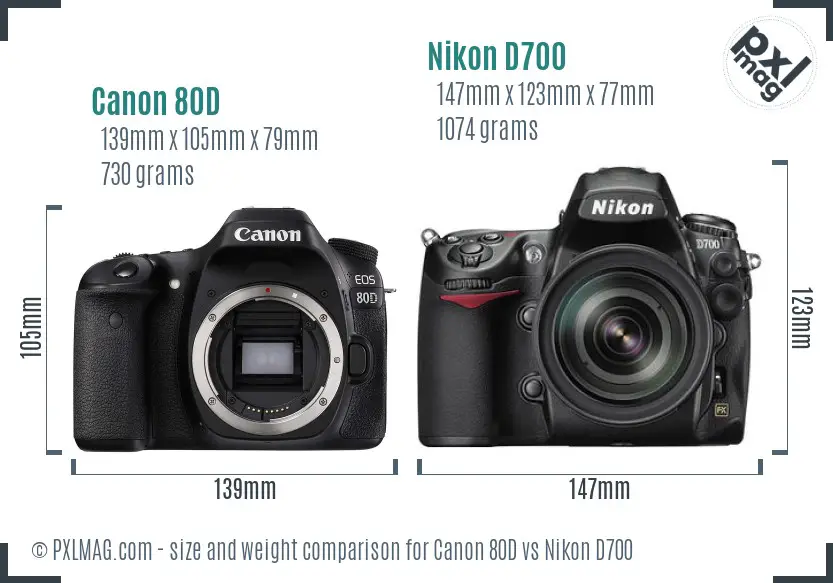 Canon 80D vs Nikon D700 size comparison