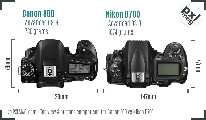 Canon 80D vs Nikon D700 top view buttons comparison