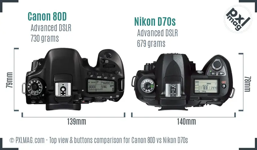 Canon 80D vs Nikon D70s top view buttons comparison