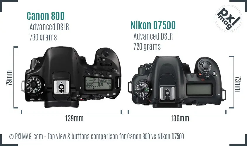 Canon 80D vs Nikon D7500 top view buttons comparison