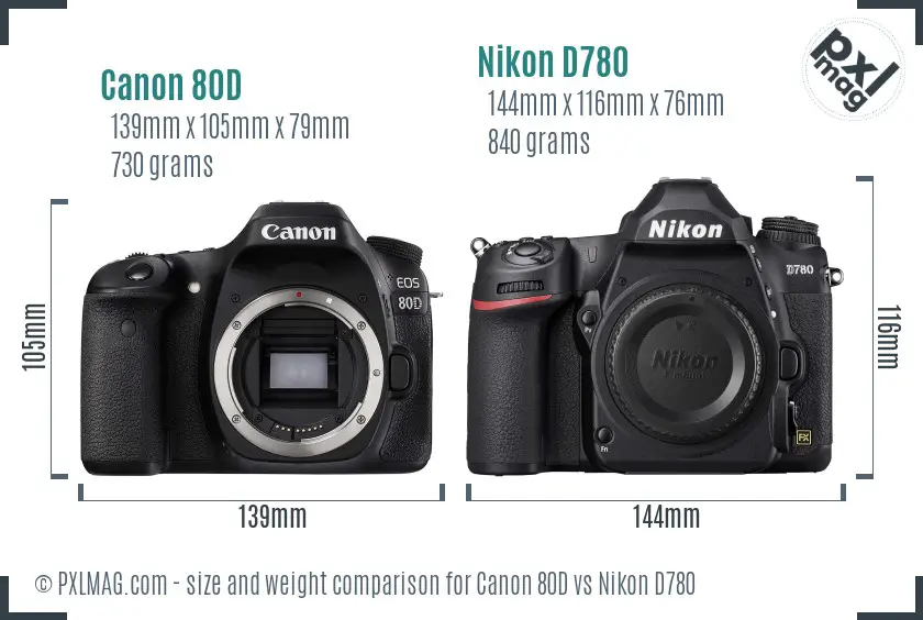 Canon 80D vs Nikon D780 size comparison