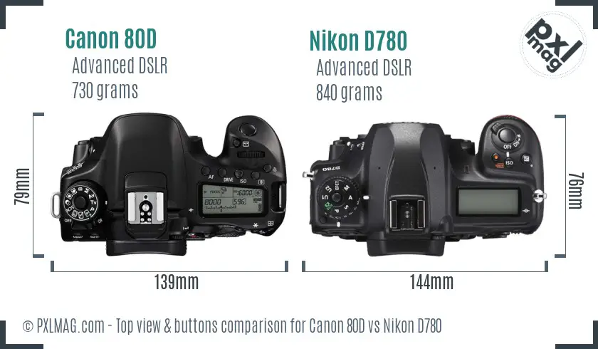 Canon 80D vs Nikon D780 top view buttons comparison