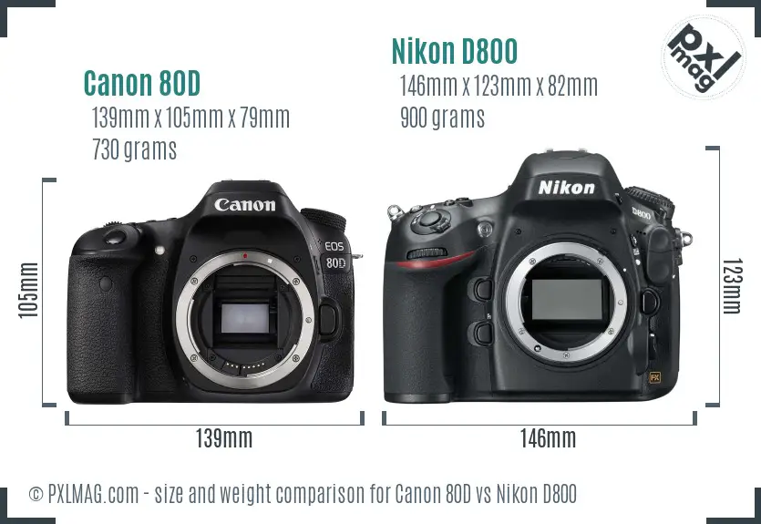 Canon 80D vs Nikon D800 size comparison