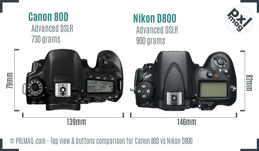 Canon 80D vs Nikon D800 top view buttons comparison