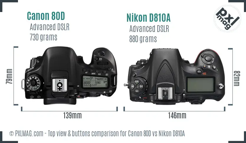 Canon 80D vs Nikon D810A top view buttons comparison