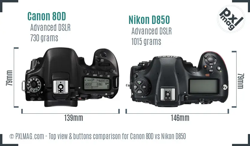 Canon 80D vs Nikon D850 top view buttons comparison