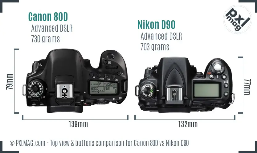Canon 80D vs Nikon D90 top view buttons comparison
