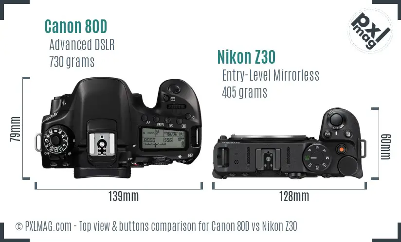 Top view and control layout comparison between Canon EOS 80D and Nikon Z30