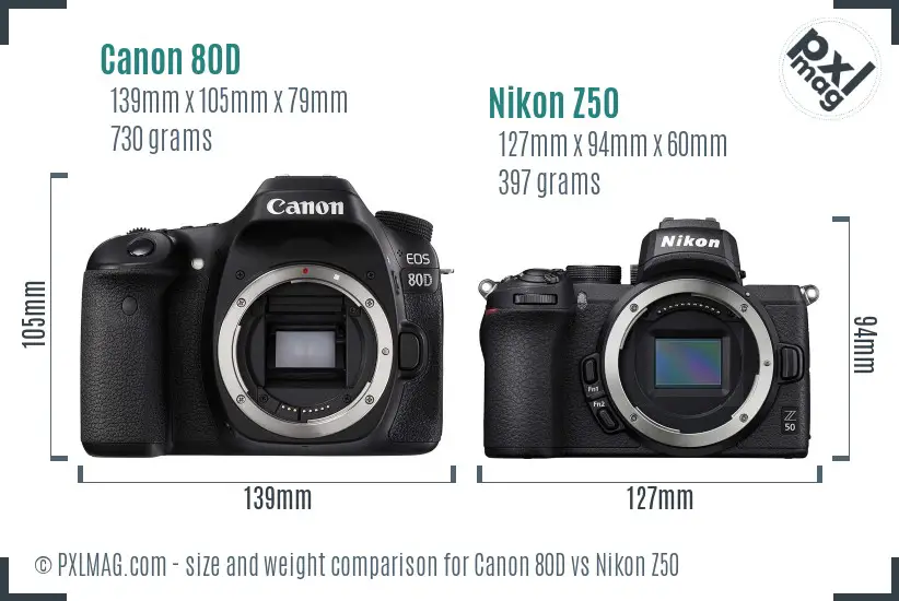 Canon 80D vs Nikon Z50 size comparison Canon 80D vs Nikon Z50 size comparison