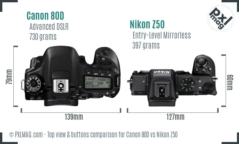 Canon 80D vs Nikon Z50 top view buttons comparison Canon 80D vs Nikon Z50 top view buttons comparison