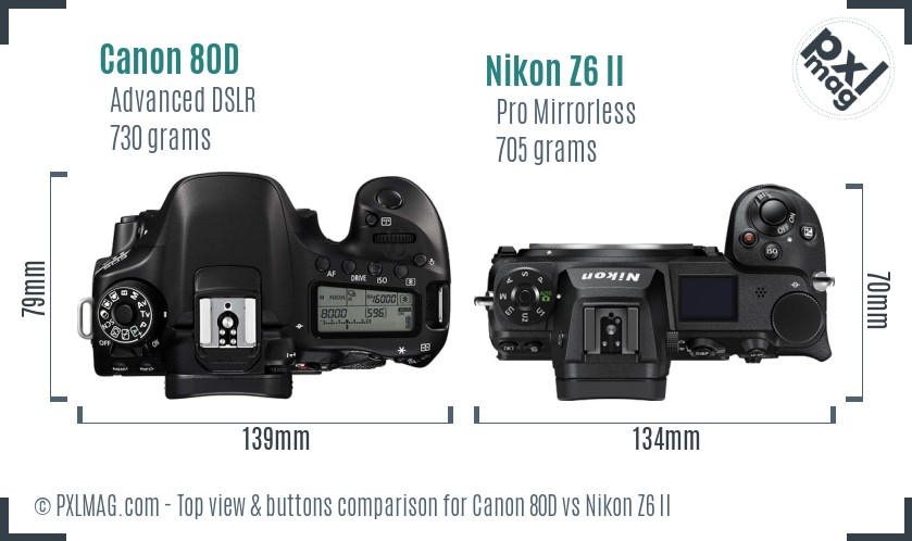 Canon 80D vs Nikon Z6 II top view buttons comparison
