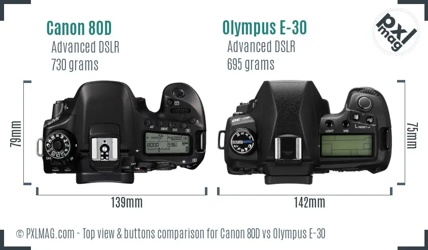 Canon 80D vs Olympus E-30 top view buttons comparison