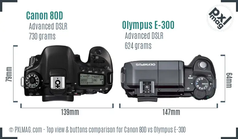 Canon 80D vs Olympus E-300 top view buttons comparison