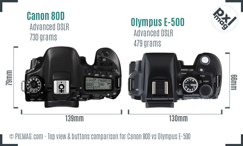 Canon 80D vs Olympus E-500 top view buttons comparison