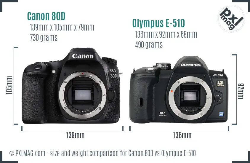 Canon 80D vs Olympus E-510 size comparison