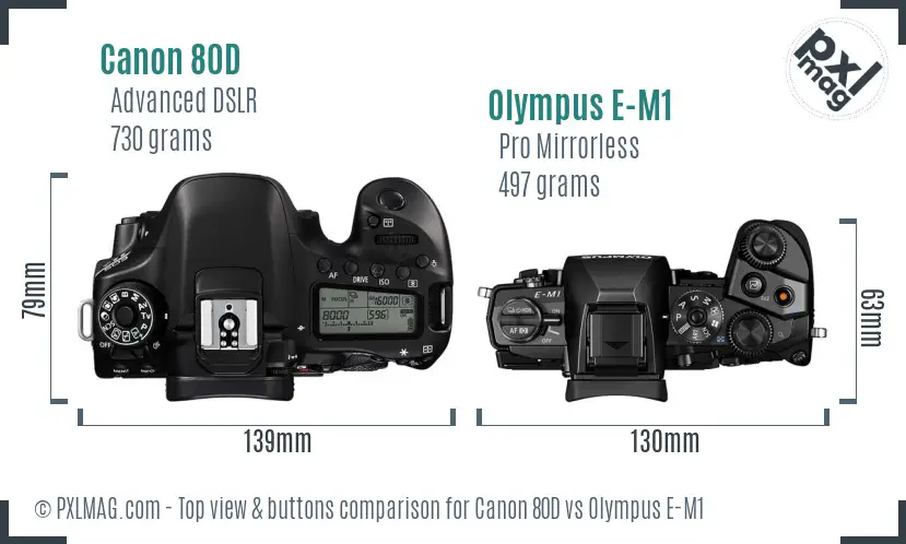 Canon 80D vs Olympus E-M1 top view buttons comparison