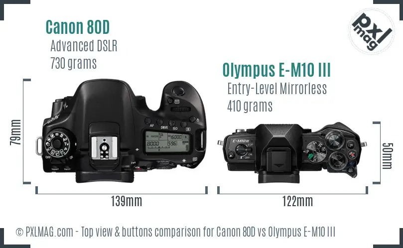 Canon 80D vs Olympus E-M10 III top view buttons comparison Canon 80D vs Olympus E-M10 III top view buttons comparison