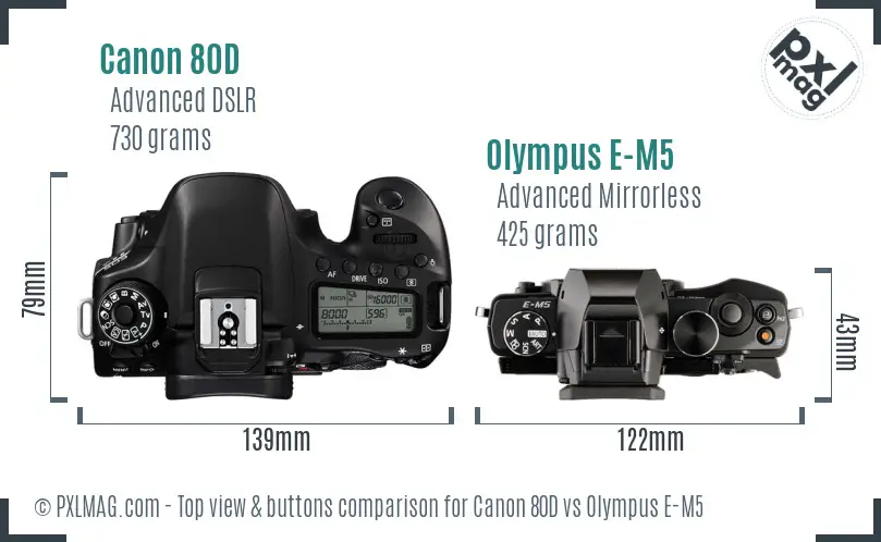 Canon 80D vs Olympus E-M5 top view buttons comparison