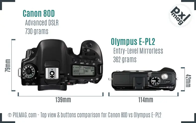 Canon 80D vs Olympus E-PL2 top view buttons comparison Canon 80D vs Olympus E-PL2 top view buttons comparison