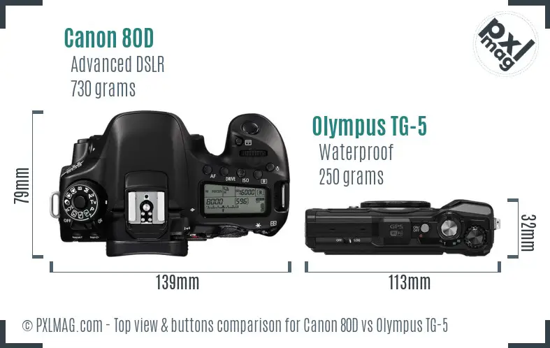 Canon 80D vs Olympus TG-5 top view buttons comparison