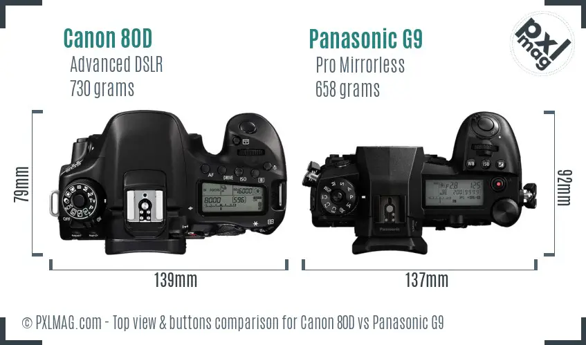 Canon 80D vs Panasonic G9 top view buttons comparison