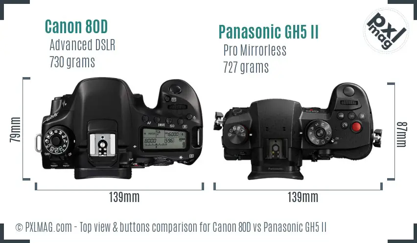 Canon 80D vs Panasonic GH5 II top view buttons comparison Canon 80D vs Panasonic GH5 II top view buttons comparison
