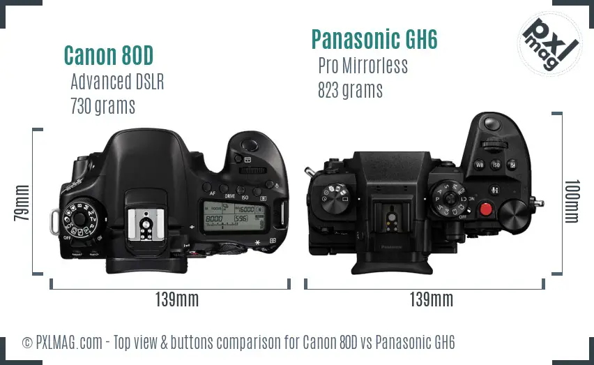 Canon 80D vs Panasonic GH6 top view buttons comparison Canon 80D vs Panasonic GH6 top view buttons comparison