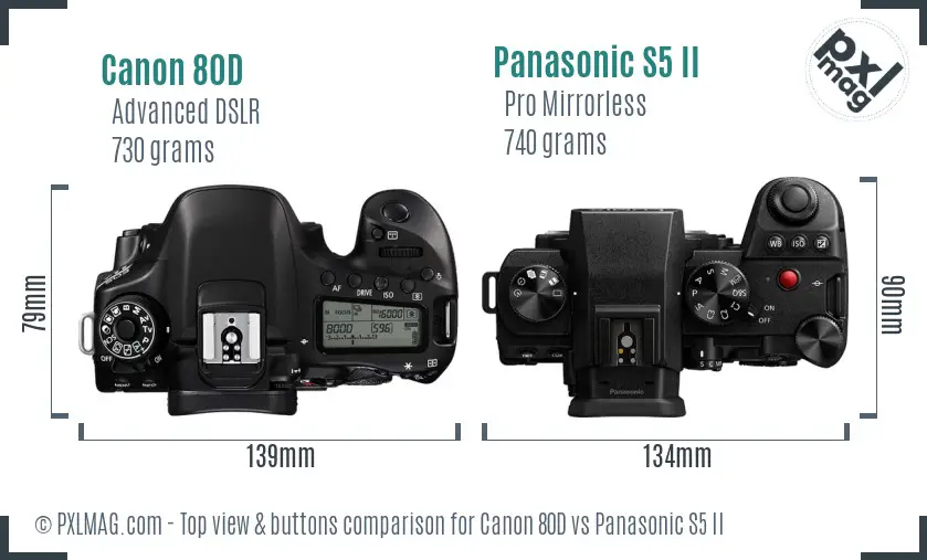 Canon 80D vs Panasonic S5 II top view buttons comparison