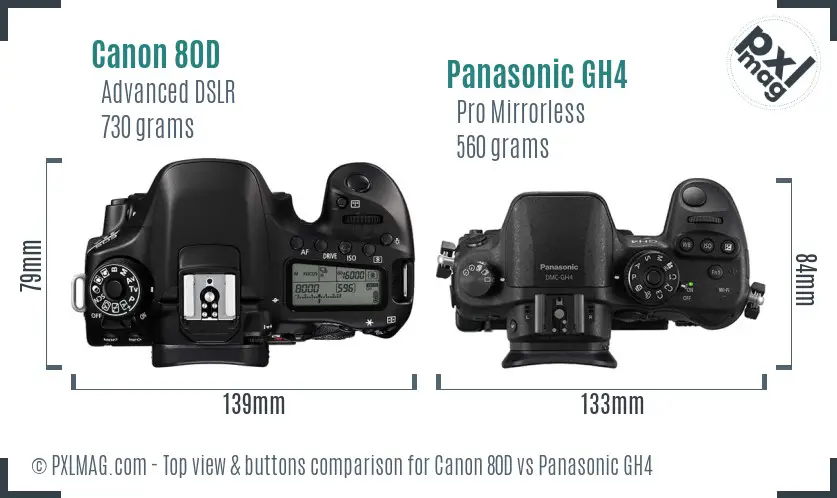 Canon 80D vs Panasonic GH4 top view buttons comparison Canon 80D vs Panasonic GH4 top view buttons comparison