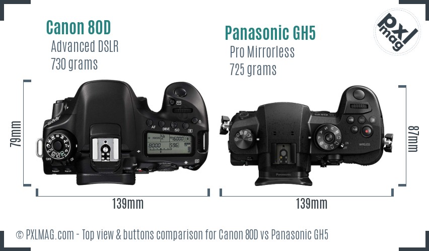 Canon 80D vs Panasonic GH5 top view buttons comparison