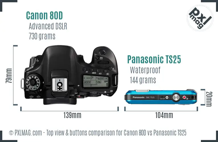 Canon 80D vs Panasonic TS25 top view buttons comparison