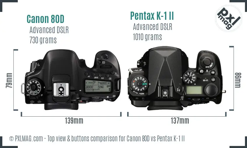 Canon 80D vs Pentax K-1 II top view buttons comparison