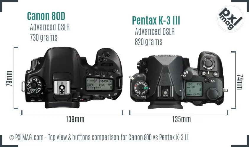 Canon 80D vs Pentax K-3 III top view buttons comparison