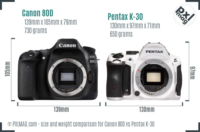 Canon 80D vs Pentax K-30 size comparison