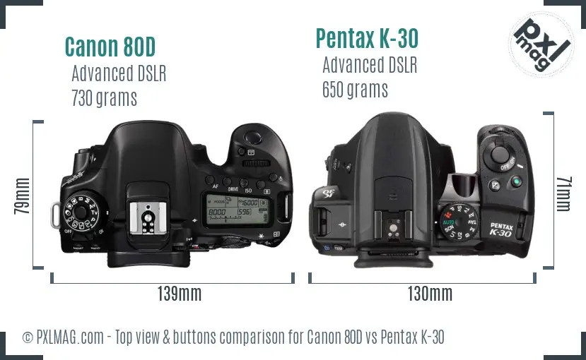 Canon 80D vs Pentax K-30 top view buttons comparison