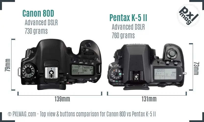 Canon 80D vs Pentax K-5 II top view buttons comparison