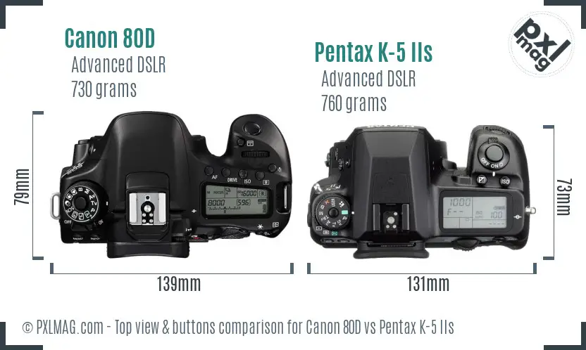 Canon 80D vs Pentax K-5 IIs top view buttons comparison