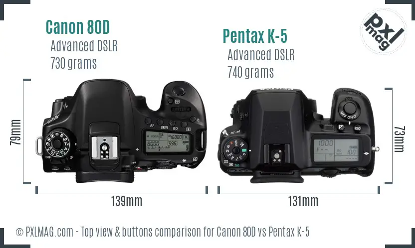 Canon 80D vs Pentax K-5 top view buttons comparison