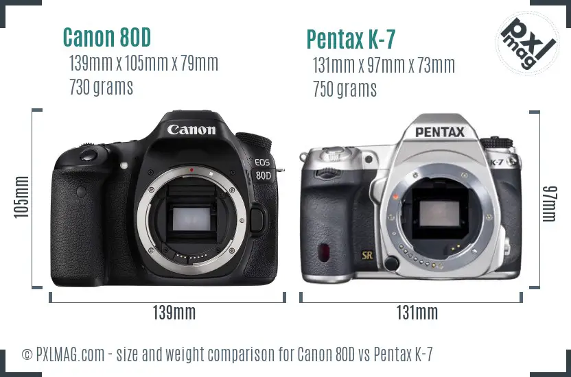 Canon 80D vs Pentax K-7 size comparison